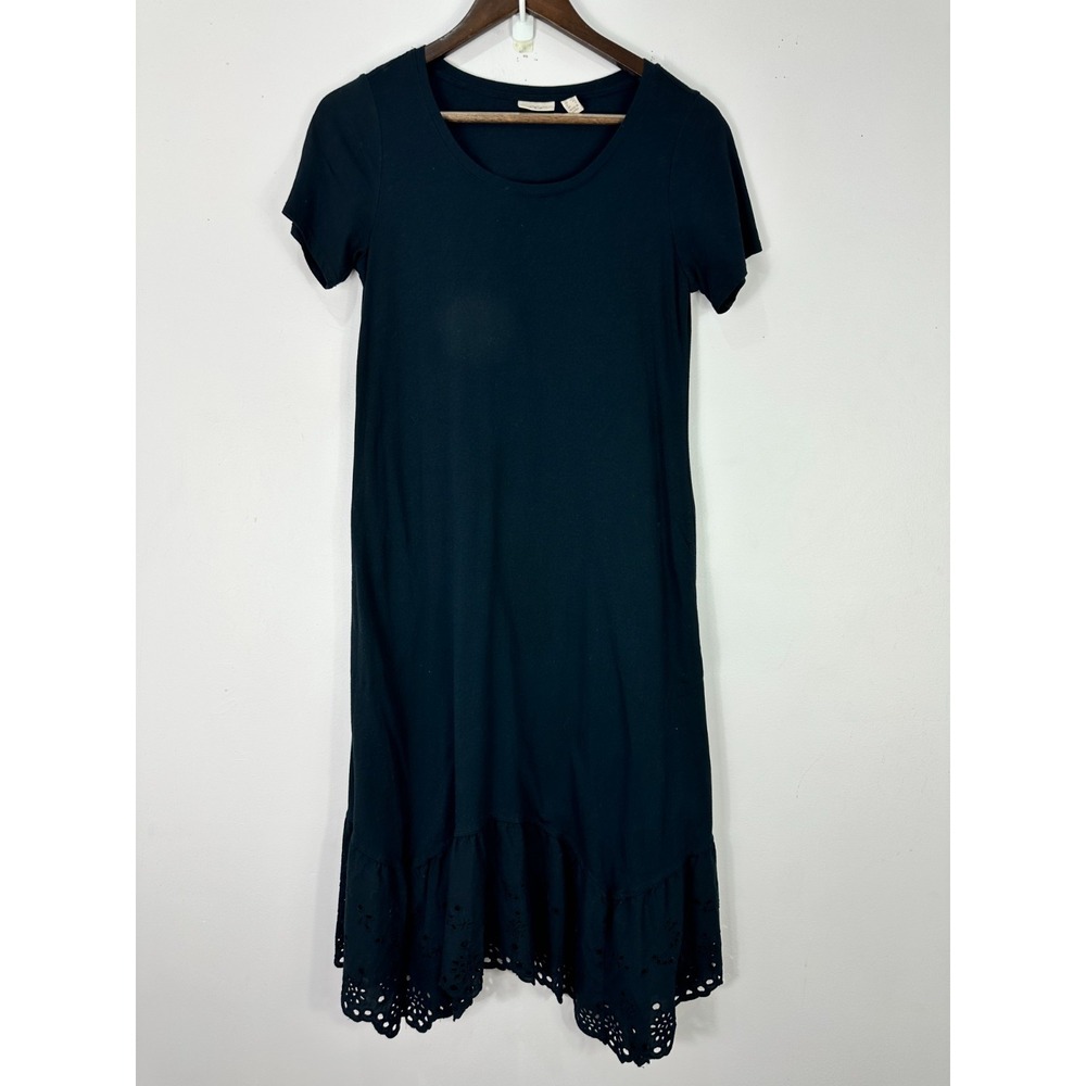LOGO Lori Goldstein Black Maxi Dress Womens XXS Eyelet Hem Pockets Minimalist